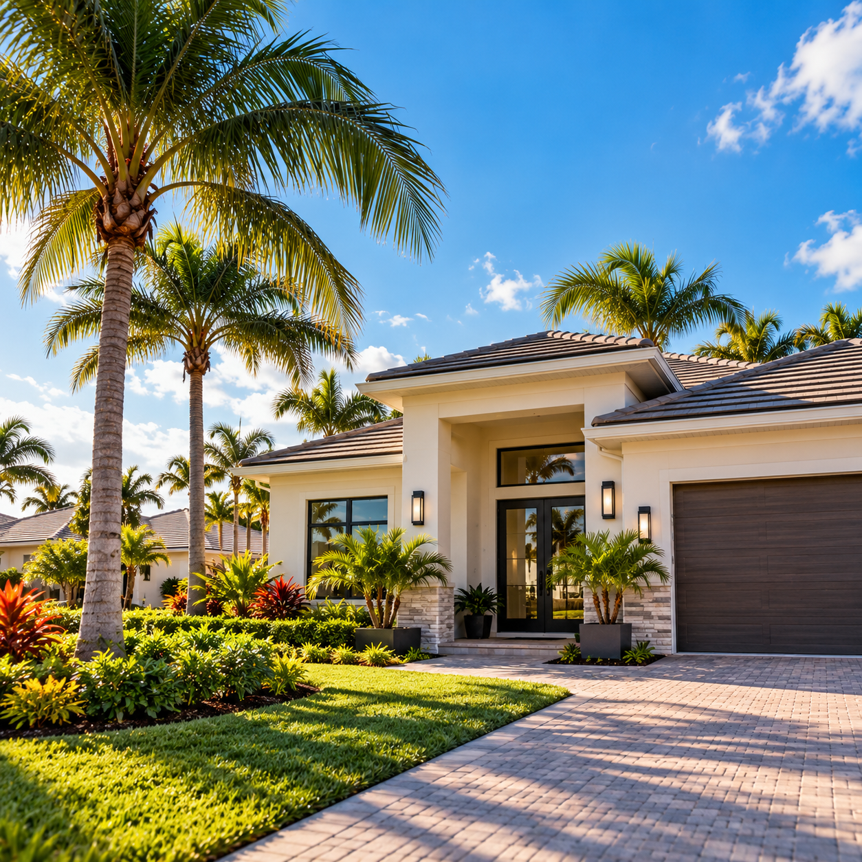 modern house with tropical palmers